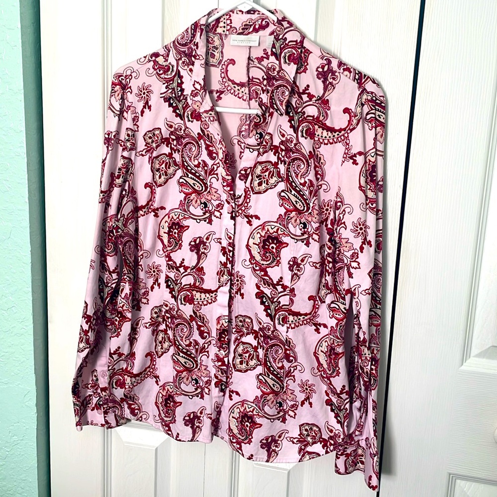 New York and Company burgundy paisley long sleeve button down